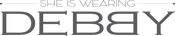 Text 'SHE IS WEARING DEBBY' in a decorative font on a white background
