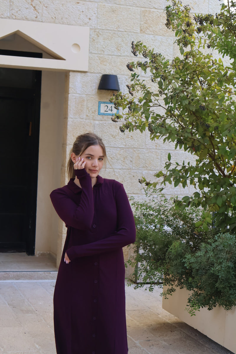 Ribbed Button Dress / Burgandy