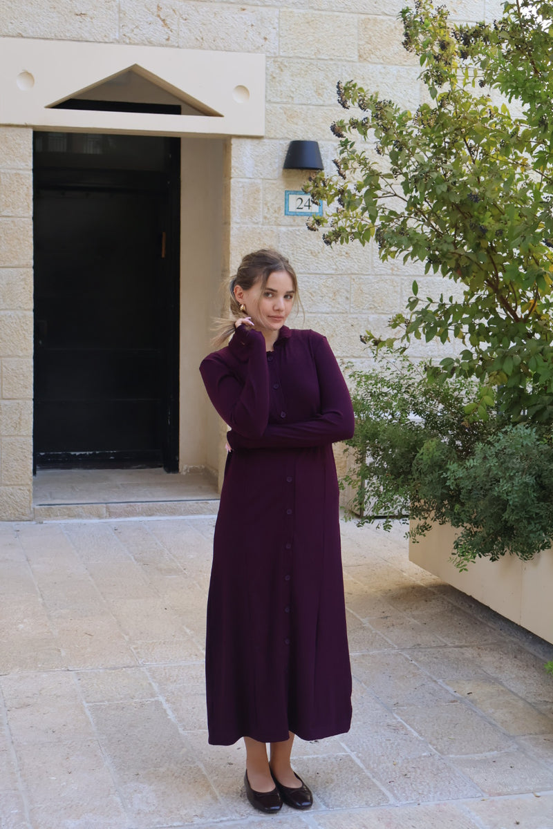 Ribbed Button Dress / Burgandy