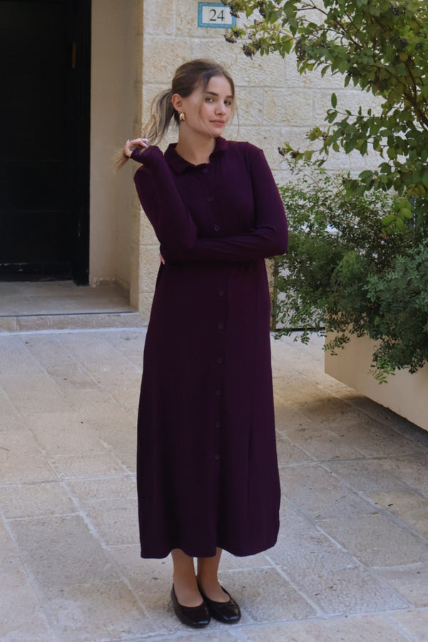 Ribbed Button Dress / Burgandy