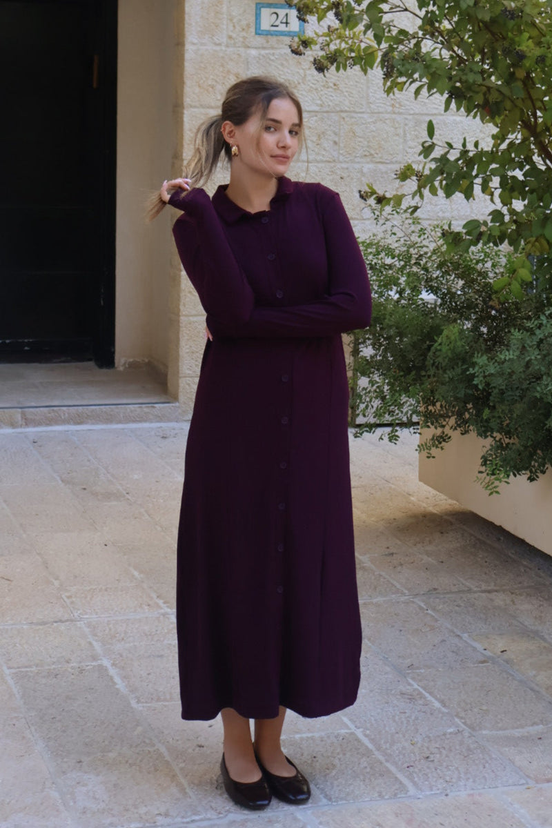 Ribbed Button Dress / Burgandy