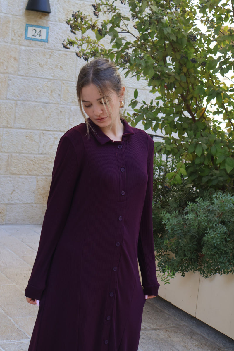 Ribbed Button Dress / Burgandy