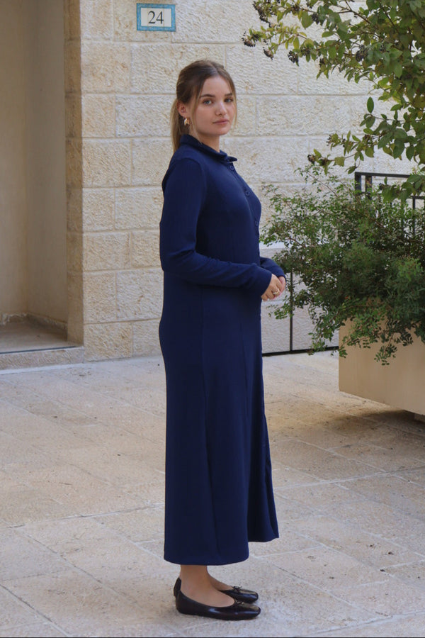 Ribbed Button Dress / Navy
