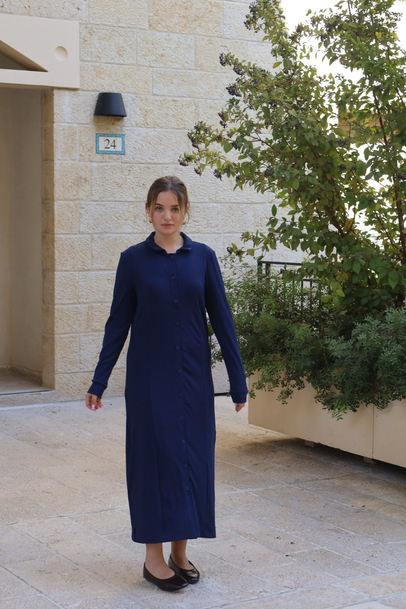 Ribbed Button Dress / Navy