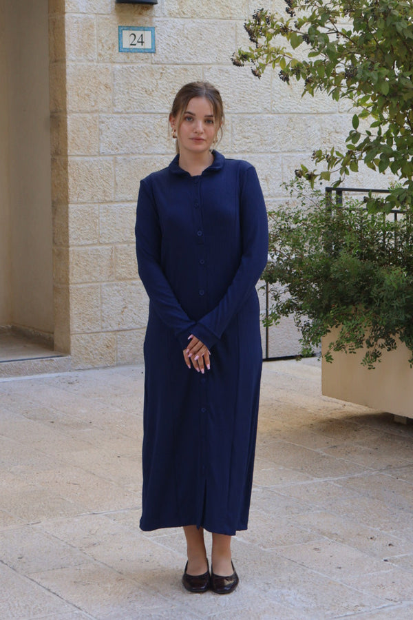 Ribbed Button Dress / Navy