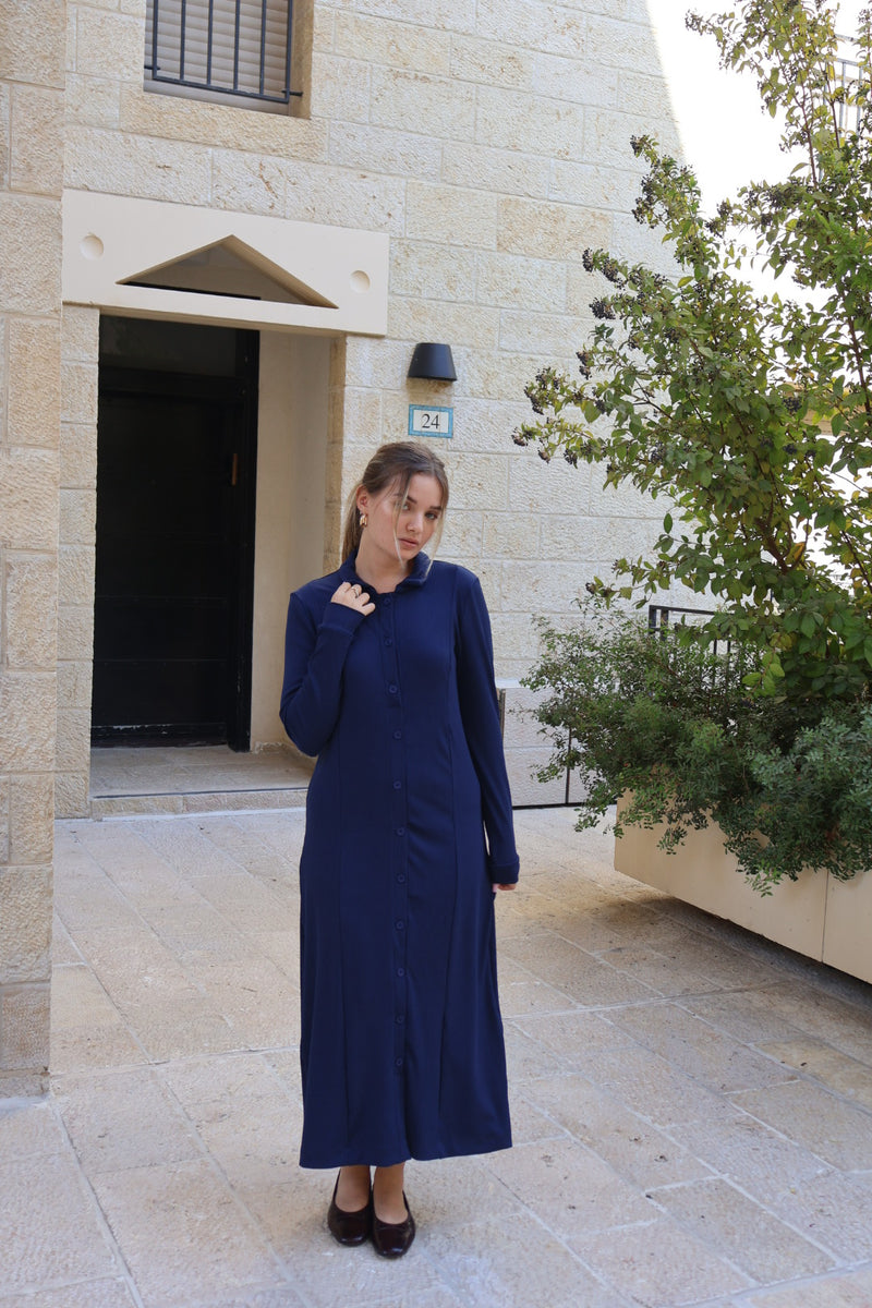 Ribbed Button Dress / Navy