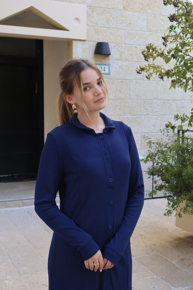 Ribbed Button Dress / Navy