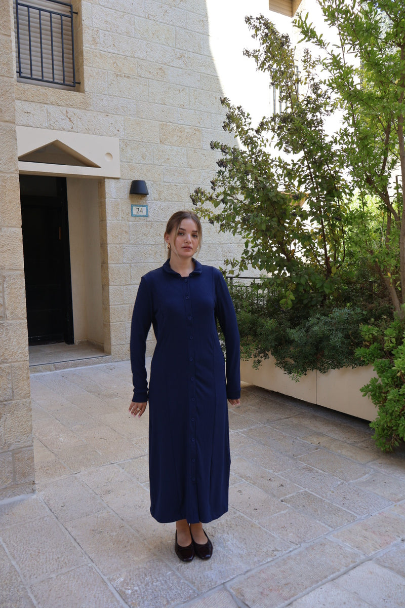 Ribbed Button Dress / Navy