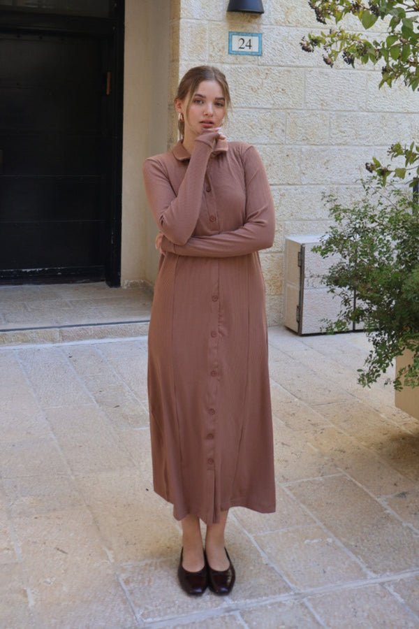Ribbed Button Dress / Camel