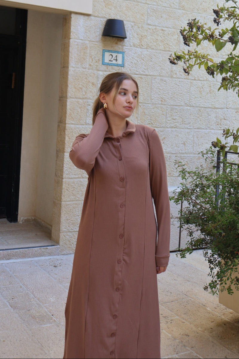 Ribbed Button Dress / Camel