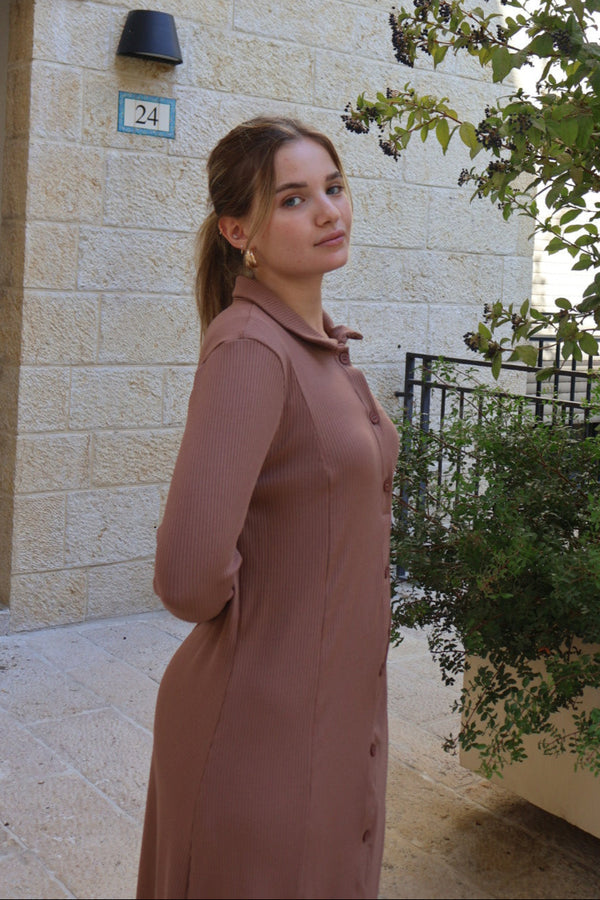 Ribbed Button Dress / Camel