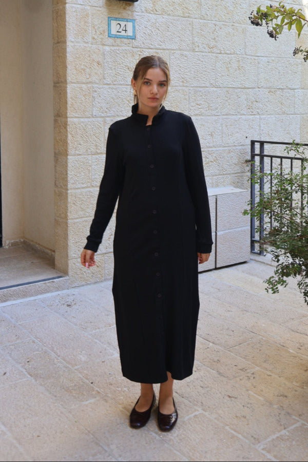 Ribbed Button Dress / Black