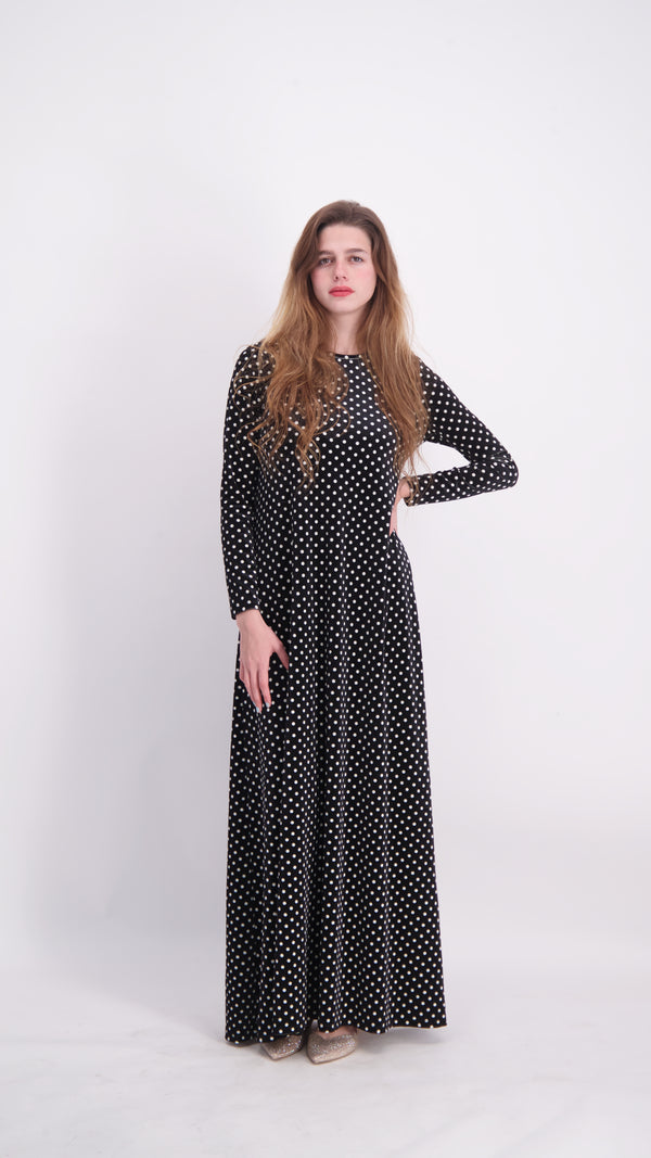A-line Maxi Velvet Dress / Black Polka Dot
