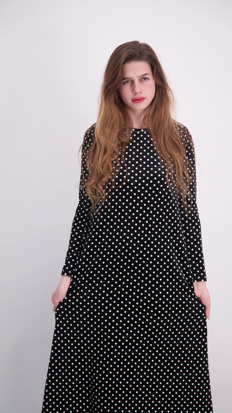 A-line Maxi Velvet Dress / Black Polka Dot